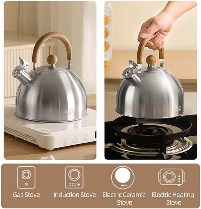 Tea Kettle, 18/8 Stainless Steel Whistling Teapot, 4.23 Quart Camping Tea Kettle for Stovetop, Water Coffee Pot with Anti-Hot Wood Handle (4L,Silver)