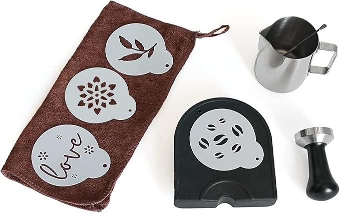 51 mm Coffee Tamper Set Coffee Press for Portafilter Machine Espresso Tamper with Tamper Mat, Frothing Pitcher (350ml/11.836oz), Barista Towel, Latte Art Pen and Decorative Stencils