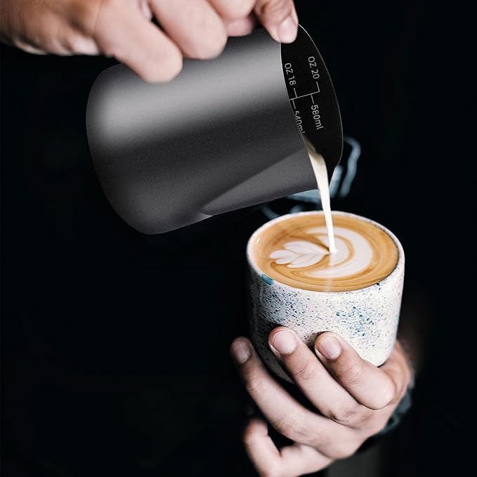 Milk Frothing Pitcher, 20OZ/600ML Stainless Steel Espresso Steaming Pitcher Coffee Milk Frother Cup with Decorating Art Pen for Espresso Machine, Milk Frother, Latte Art Black