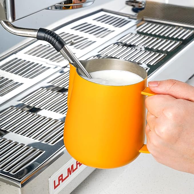 watchget Milk Frothing Pitcher 500ml/17oz Espresso Steaming Pitcher with Matte Yellow Coating Stainless Steel Milk Steamer Jug Milk Frothing Cup, Yellow