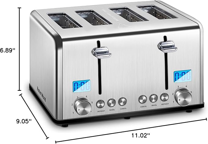 Roter Mond Countdown Stainless Steel 4 Slice Toaster with Bagel, Defrost, Cancel Function, Dual Toaster, Extra Wide Slots, 6 Shade Settings, Removable Crumb Trays, 1650W
