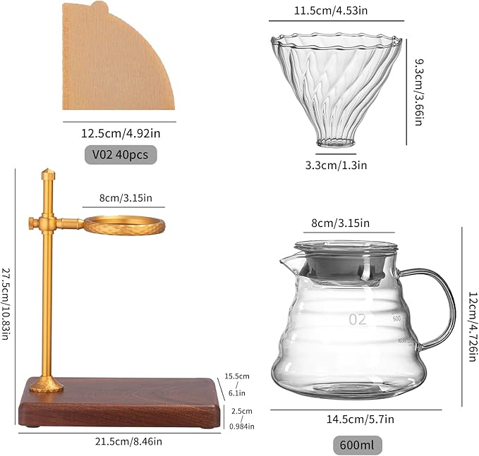 Pour Over Coffee Maker Set – Glass Coffee Dripper with Stainless Steel Stand, Wooden Base & 40 Filters – Travel Filter Coffee Maker