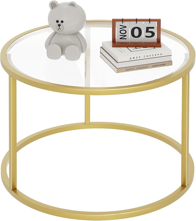 Round Glass Coffee Table,Small Living Room Table for Small Space,Modern Center Table with Glass Top Clear & Sturdy Metal Frame for for Living Room Home Office, Easy Assembly,27 x 27 x 17 Inch,Gold