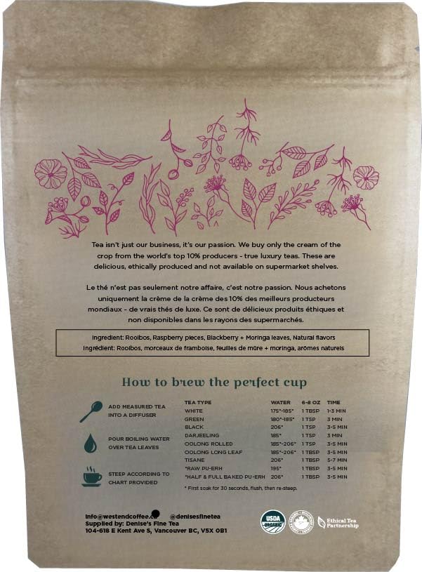 Denise's Fine Tea, USDA Organic, A Raspberry in Paris Rooibos, Flavored Rooibos Tea, Caffeine-Free, Loose Leaf (100g)