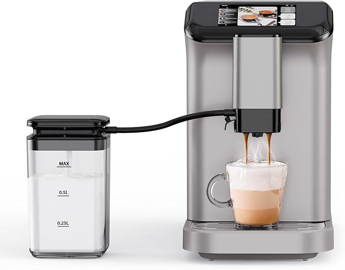 PioneerWorks Full Automatic Espresso Machine with Built-In Grinder & Milk Frother - FTF Touchscreen Coffee Maker for Latte/Cappuccino, 20 Bar Pressur & 1.5L Water Tank, 1350W, Grey