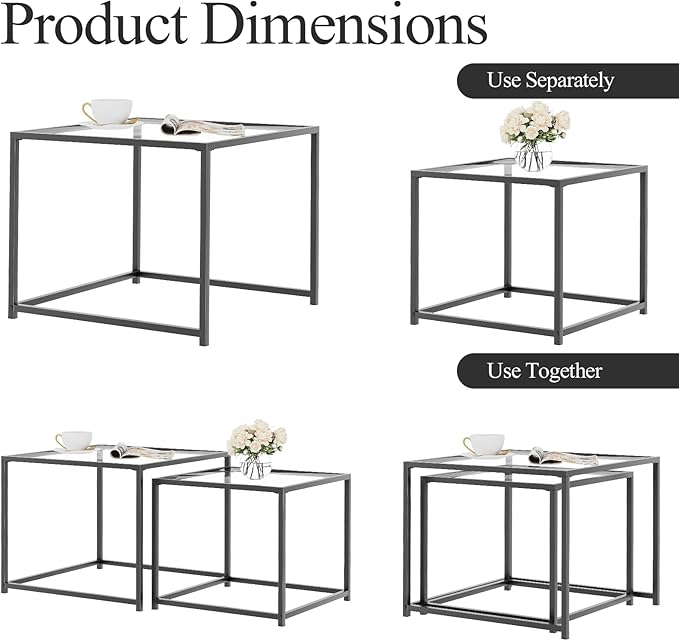 VILAWLENCE Coffee Table Set of 2, Modern Black Glass Side Table, Metal Frame Square End Table, Center Tables, Nesting Coffee Table for Living Room, Bedroom and Small Spaces, 23.6in
