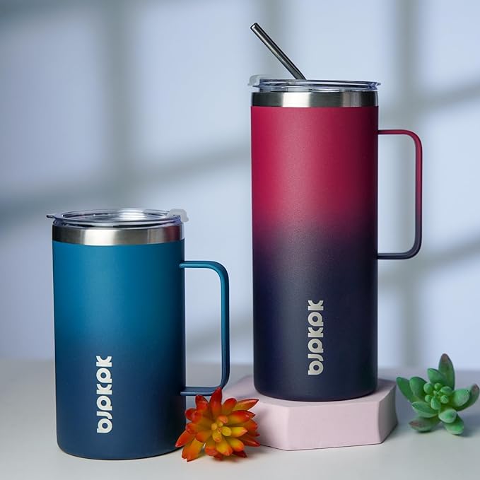 BJPKPK Insulated Coffee Mug with 2 Lids, 32oz Stainless Steel Insulated Tumbler with Handle, Double Wall Vacuum Coffee Cups, BPA Free Travel Mug for Coffee, Tea and Drinks, Charming Red & Blue