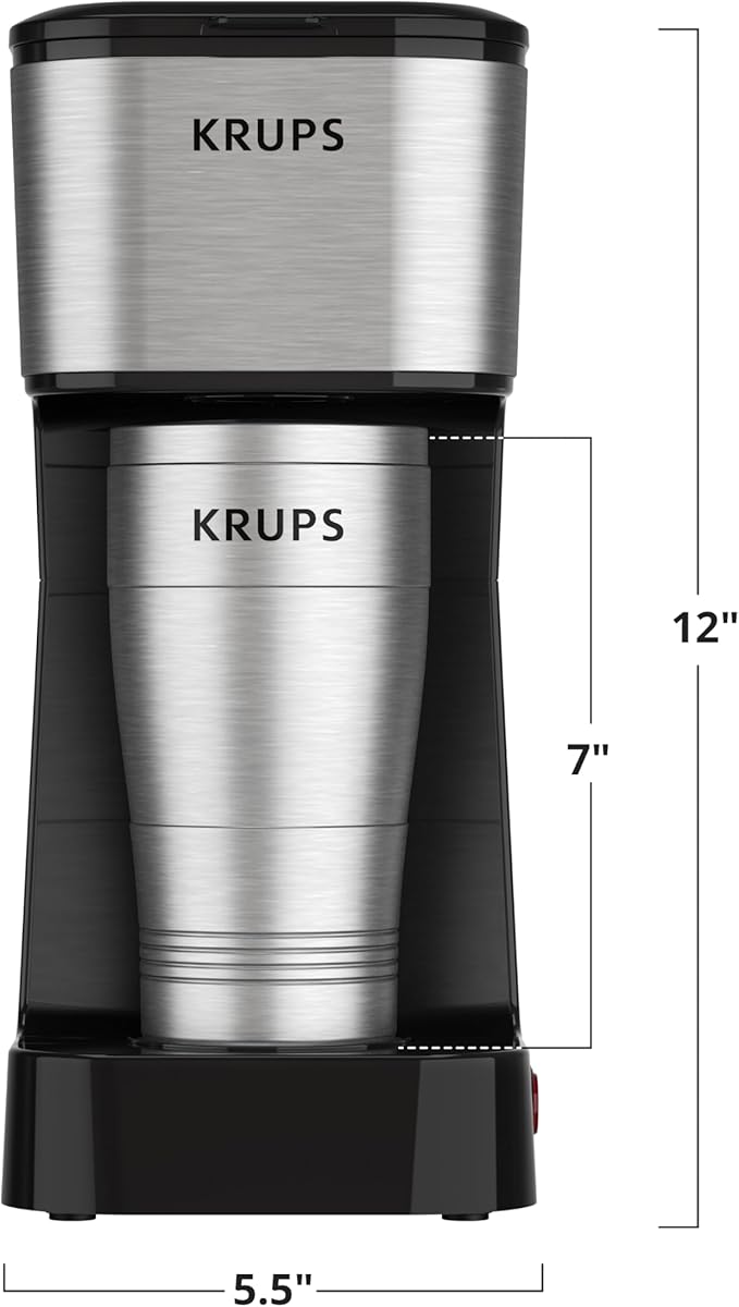 KRUPS: 2 Cup Coffee Maker, Simply Brew Stainless Steel Single Serve Drip Coffee Machine and Travel Tumbler 14 Ounce Stainless Steel Tumbler Included 650 Watts Coffee Filter, Compact Silver and Black