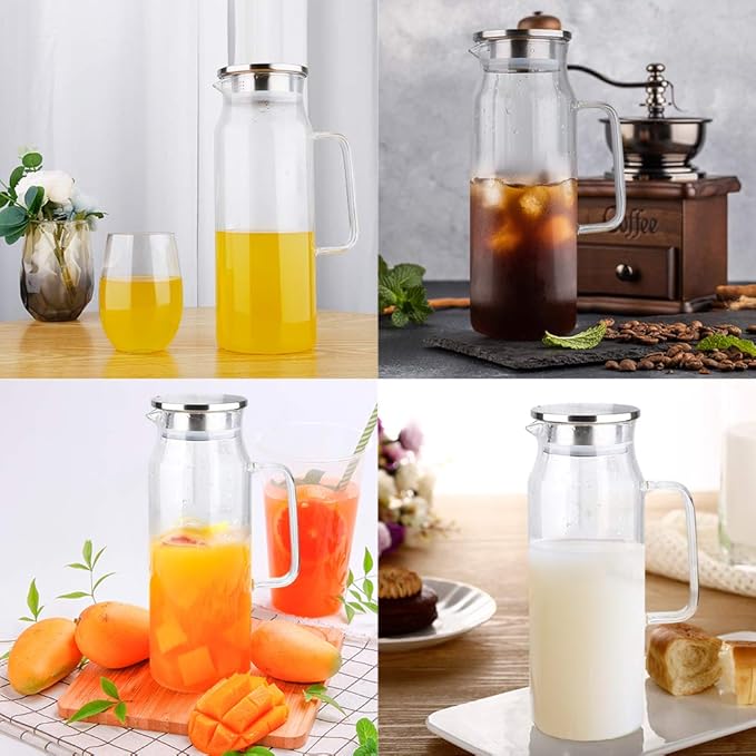 BOTTLE BOTTLE Glass Pitcher with Lid and Handle 50 oz/1500ml Water Pitcher for Ice Tea and Homemade Juice Heat Resistant Borosilicate Glass Carafe for Hot/Cold Water