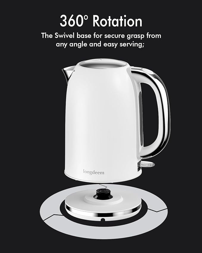 Electric Tea Kettle for Boiling Water, Wide Open Lid Stainless Steel Water Boiler, 1500W/1.7L for Coffee/Tea Brewing, Auto Shut Off & Boil Dry Protection