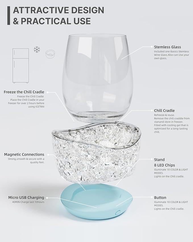 Wine Chiller for Glass Stemless Wine Glass Chiller Keeps Your Glasses of Vino Cold 10 Color Light Modes Separable Wine Essentials Accessories (Blue)