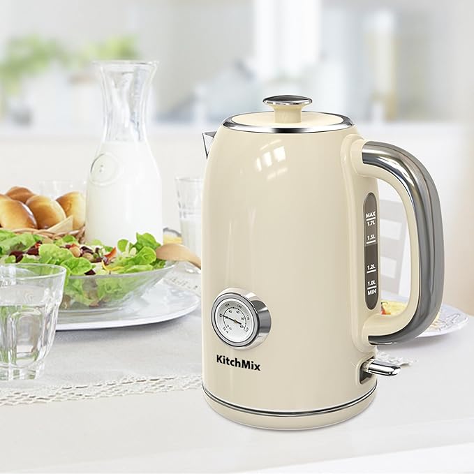 Electric Stainless Steel Tea Kettles1500W-1.7L-with Thermometer, Auto Shut-Off & Boil-Dry, Cool Touch Handle, BPA Free Kettle & Hot Water Kettle (Beige)