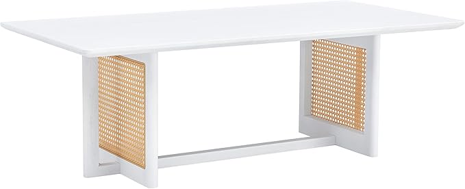 Mid Century Modern Wood Coffee Table with PE Rattan Stand, 47 Inch White Rectangular Solid Wood Boho Coffe Table, Unique Center Cocktail Table for Livinig Room Apartment Office