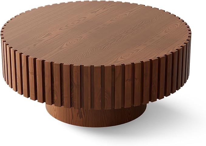 31.5" Round Drum Coffee Table, Modern Handcraft Fluted Drum Center Table, Wooden Round Coffee Table Center Table with Sturdy Pedestal for Living Room Apartment (Natural Wood)