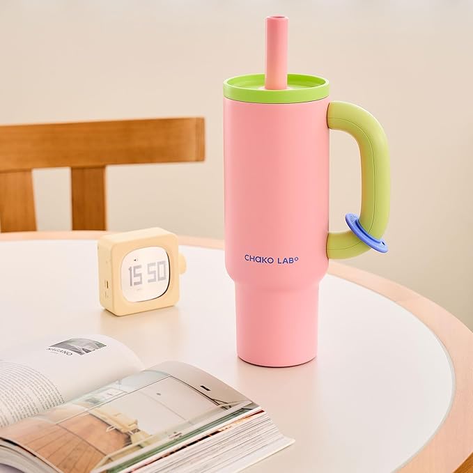 BaWang Insulated Stainless Steel Tumbler | Tumbler with Handle and Straw 33oz | Cup Holder Friendly for Travel | Leakproof Water Bottle | BPA-Free | 316 stainless steel liner| pink&green