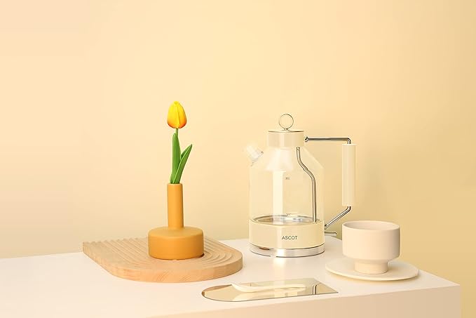 Electric Kettle, ASCOT Glass Electric Tea Kettle 1.5L 1500W Retro Tea Heater & Hot Water Boiler, No Plastic, BPA-Free, Cordless, with Auto Shut-Off and Boil-Dry Protection (Creme)