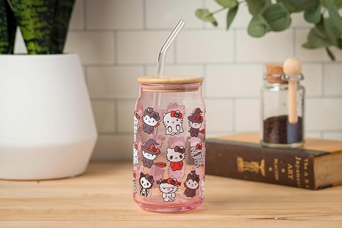 Silver Buffalo Sanrio Hello Kitty and Friends Halloween Spooky Costumes Ghost Witch Vampire Zombie Frankenstein Skeleton Pink Glass Jar Tumbler with Bamboo Lid and Glass Straw, 16 Ounces