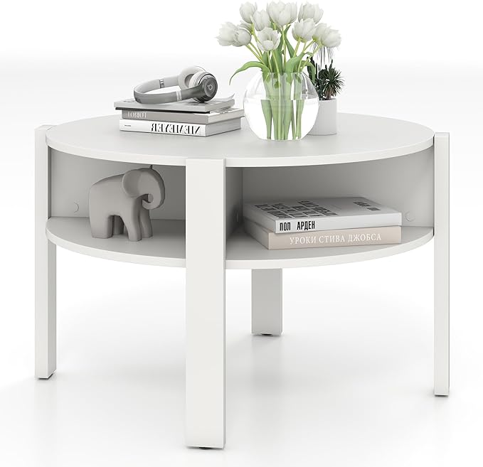 Giantex Round Coffee Table, 2-Tier Mid Century Modern Tea Cocktail Table with Storage Shelves & 4 Side Compartments, Wood Center Table for Living Room, Small Spaces (White)