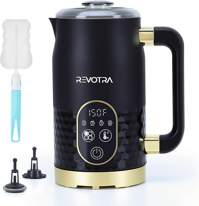 Milk Frother, 4-in-1 Electric Foam Maker with Touchscreen & Temp Display, Hot & Cold Milk Steamer with Non-Stick Coating, Silent Operation for Coffee, Latte, Cappuccino, Matcha, Hot Chocolate