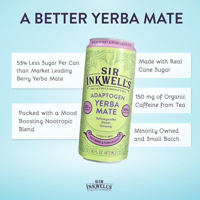 SIR INKWELL’S Adaptogen Yerba Mate Tea | Healthful Energy + Productivity 150 mg Organic Caffeine | 300mg Ashwagandha Reishi Ginseng |Non-GMO Certified | Wild Berry & Pomegranate 16oz 12pk