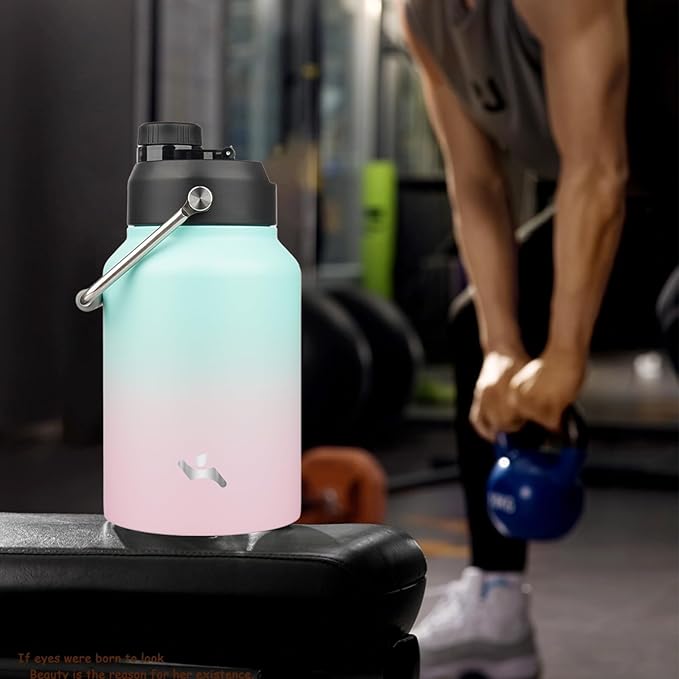 Half Gallon Jug with Handle,64 oz Insulated Water Bottle with Carrying Pouch,Double Wall Vacuum Stainless Steel Metal Bottle,Gum