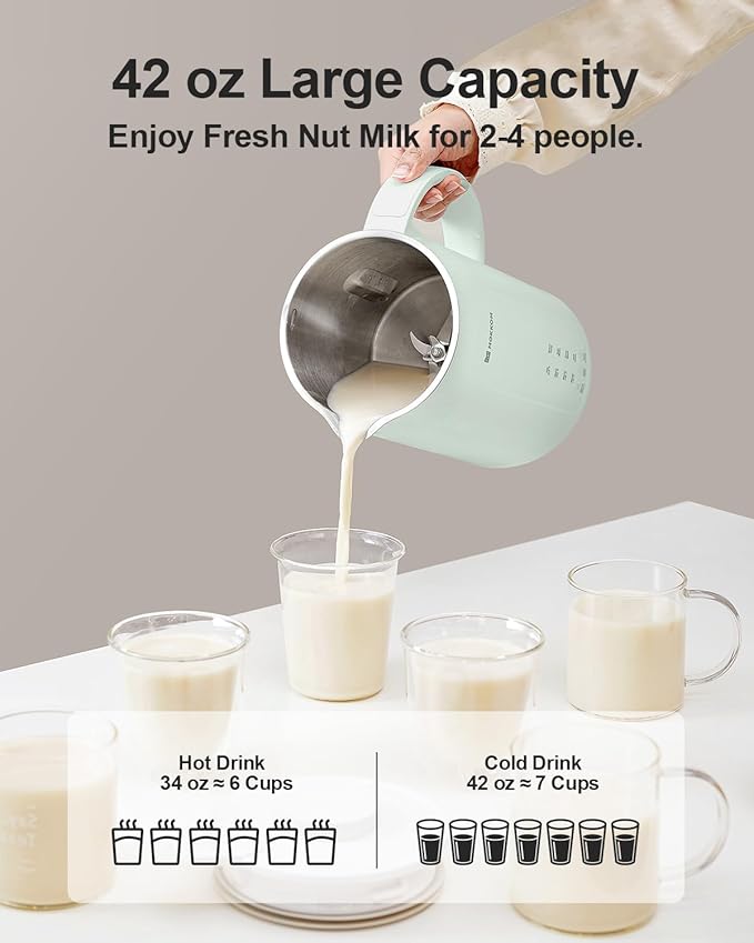 MOKKOM Nut Milk Maker, 42oz Automatic Almond Milk Machine for Homemade Plant-Based Milk, Oats, Soy, Dairy Free Beverages, Soy Milk Maker with Delay Start/Keep Warm/Self-Cleaning/Boiling, Green