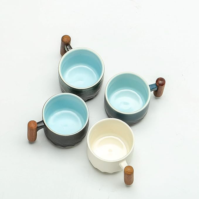 2 oz Espresso Cups Set of 2, Ceramic Espresso Cups with Wooden Handle Small Tea Cups