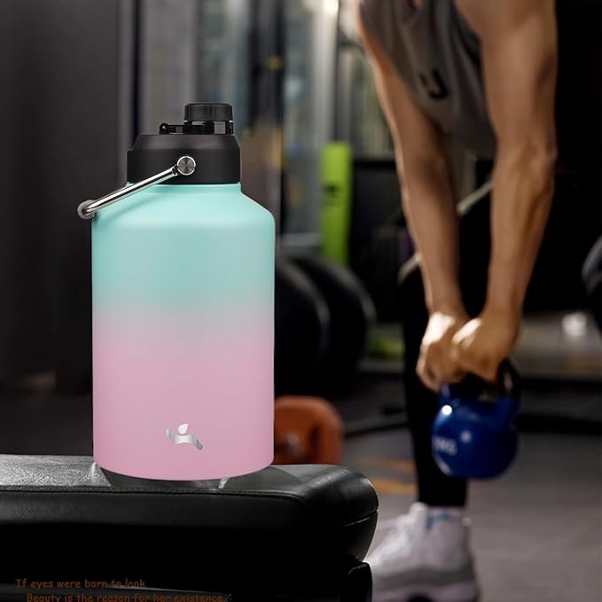 1 Gallon Jug with Handle,128 oz Insulated Water Bottle with Carrying Pouch,Double Wall Vacuum Stainless Steel Metal Bottle,Gum