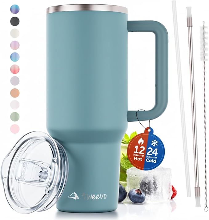 40 oz Tumbler With Handle and Straw Made of Stainless Steel - Double Wall Vacuum Insulated Tumbler With Lid - Sweat Proof Easy Grip, BPA-Free, Dishwasher Safe Tumbler (Aqua Sky)