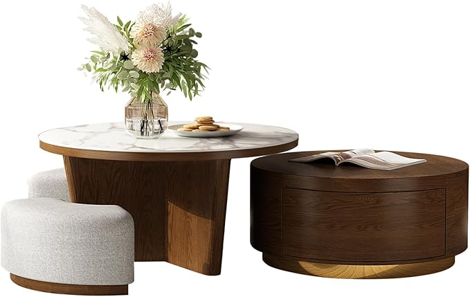 Lartis Coffee Table Set 2 - Walnut Coffee Table with Drawer and Stools - Marble Circular Stone Tabletop Modern Design Round Coffee Table for Living Room