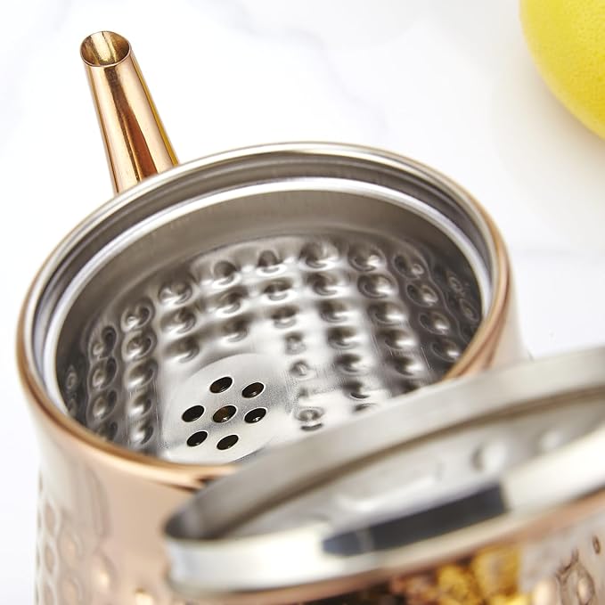 SANQIAHOME 1.2L(40oz) Stainless Steel Hammer Patterned Teapot With Removeable Infuser,Loose leaf cover,Copper