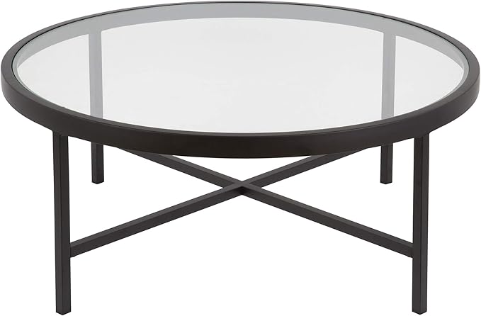 Henn&Hart 36" Wide Round Coffee Table with Glass Top in Blackened Bronze, Modern coffee tables for living room, studio apartment essentials