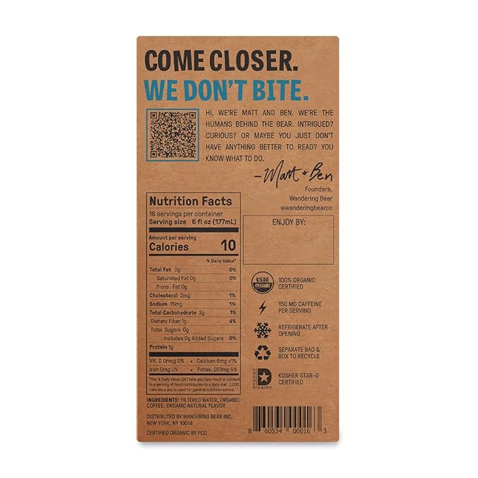 Wandering Bear Organic Vanilla Cold Brew Coffee On Tap, 96 fl oz - Extra Strong, Bold, Smooth, Unsweetened, Shelf-Stable, Ready to Drink, Gluten Free, & Vegan, Iced Cold Brewed Coffee Drinks