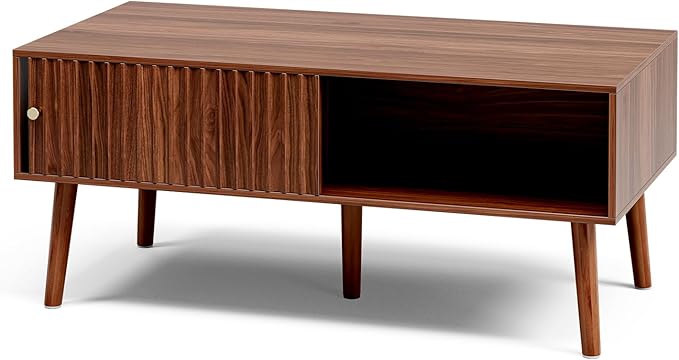Coffee Table with Storage, Mid Century Dining Table with Sliding Fluted Door and Solid Wood Legs, Small Coffee Tables for Living Room, Walnut