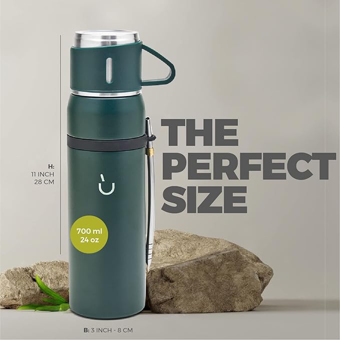 BALIBETOV Camping Thermal Flask for Mate - Vacuum Insulated With Double Stainless Steel Wall- A Mate Thermal FLask Specially Designed as Mate Argentino Kit that includes Bombilla and Mate Cup (Green)