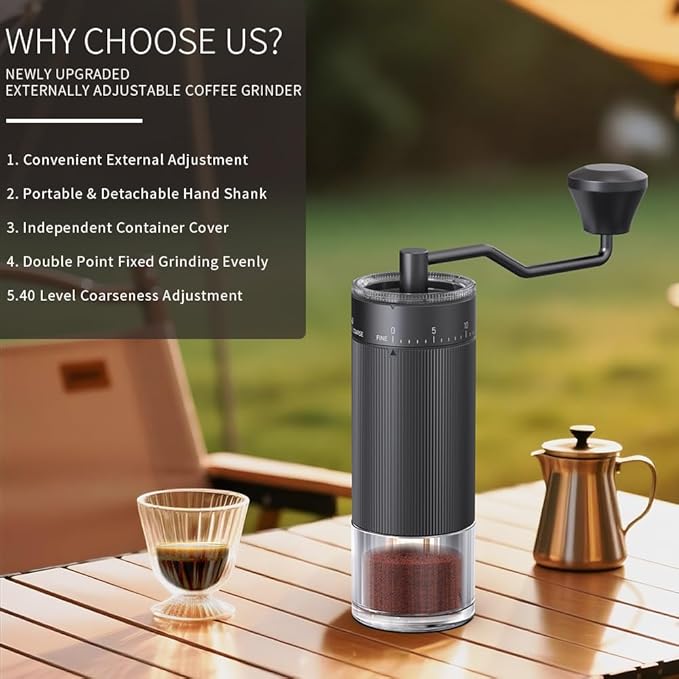 Hand Coffee Grinder Conical Burr for Espresso French Press Pour Over Double Bearing External Adjustment Capacity 25g (Stainless Steel Burr-Black)