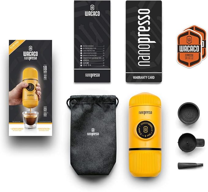 WACACO Nanopresso Portable Espresso Maker, Upgrade Version of Minipresso, 18 Bar Pressure, Mini Travel Coffee Machine, Manually Operated, Perfect for Camping and Hiking, Yellow