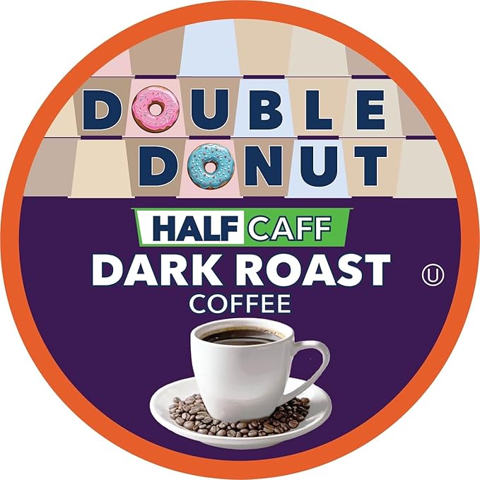Double Donut Half Caff Dark Roast Coffee Pods, Dark Roast Coffee, Compatible with Keurig K Cups Brewers 72 ct