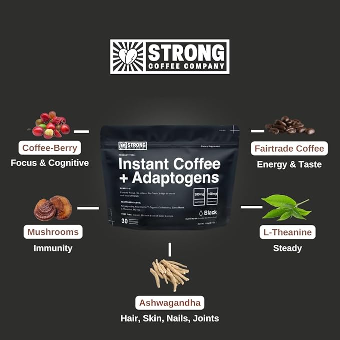STRONG COFFEE COMPANY Organic Instant Black Coffee - Individual Servings, Extreme Focus, Adaptogen Coffee, No Jitters, No Crash (1, 30 Packets)