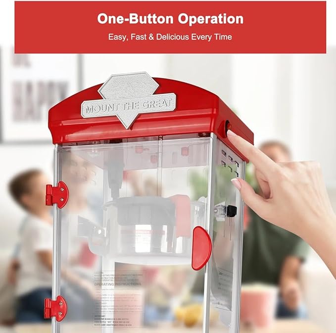 Portable Popcorn Machine with Cart & Wheels, 10 Oz Commercial Popcorn Maker with Kettle, Includes 3 Measuring Spoons for Home Theater, Parties, Events