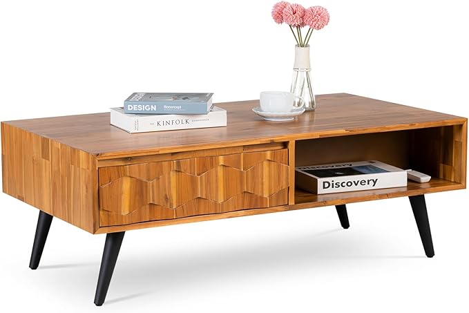 Bme Georgina Solid Wood Coffee Tables for Living Room, Coffee Table Mid Century Modern with 2 Symmetrical Storage Drawers & Geometric Details, Fully Assembled Center Table, Teak Brown