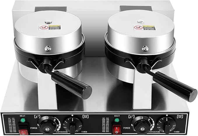 Commercial Waffle Maker, Double Head Waffle Maker Machine Belgian Round Waffle Iron Non-Stick Rotary Heating Pancake Machine with Temp & Time Control for Kitchen Restaurant (Stye 2)