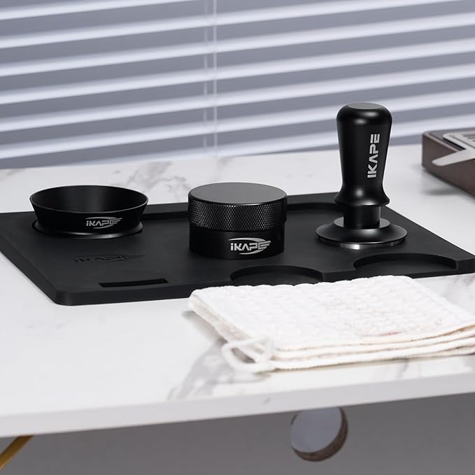 IKAPE 58MM Espresso Tamper Kit Black 6 IN 1, Coffee Tamper Set Including Tamper, Distributor, Magnetic Dosing Funnel, Silicone Mat, Puck Screen, and Cleaning Towel
