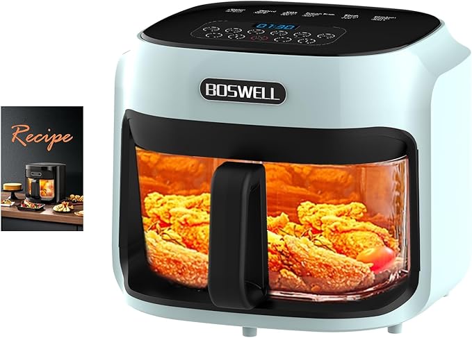 BOSWELL Glass Air Fryer, 7.5 QT with Transparent Fry Bowl, Circulating Heating, Temperature Control, Stainless Steel Air Fryer Roast, Dishwasher Safe (Green)