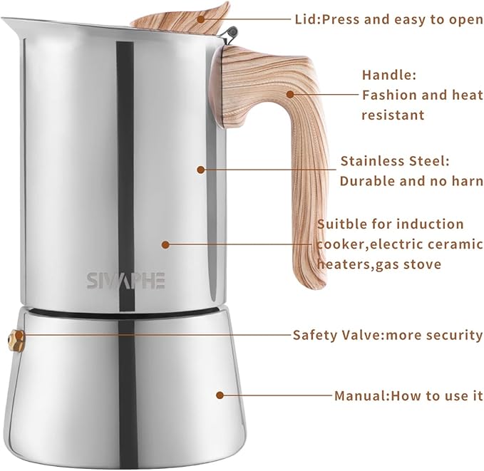 Sivaphe Stovetop Espresso Maker Stainless-Steel 3.5 oz, 1-2 Cup Coffee Maker Induction Moka Pot, 100ml Moka Campaing Coffee Pot, Induction Italian Mocha Pot with Step-by-step Instructions(1 Cup=50ml)