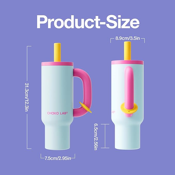BaWang Insulated Stainless Steel Tumbler | Tumbler with Handle and Straw 33oz | Cup Holder Friendly for Travel | Leakproof Water Bottle | BPA-Free | 316 stainless steel liner| pink&blue