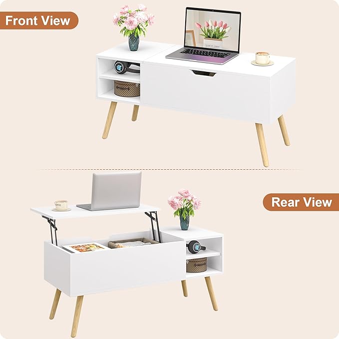 ALINE FURNITURE White Coffee Table Lift Top - Coffee Table with Solid Wood Legs, Hidden Storage Compartment & Open Shelves - 40" Lift Up Coffee Tables for Living Room