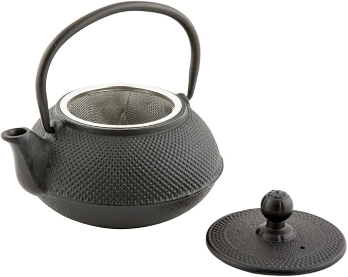 Restaurantware Tetsubin 20 Ounce Cast Iron Teapot 1 Hobnail Iron Teapot - With Strainer Retains Heat Black Cast Iron Japanese Tea Kettle Curved Handle
