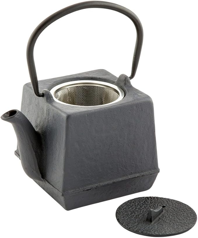 Restaurantware Tetsubin 27 Ounce Cast Iron Teapot 1 Cube Iron Teapot - With Strainer Retains Heat Black Cast Iron Japanese Tea Kettle Curved Handle