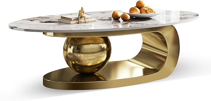 Modern Coffee Table with Gold Stainless Steel Pedestal,Oval Living Room Table with Faux Marble Top,Sintered Stone Cocktail Center Table Marble Grain,51.20inch